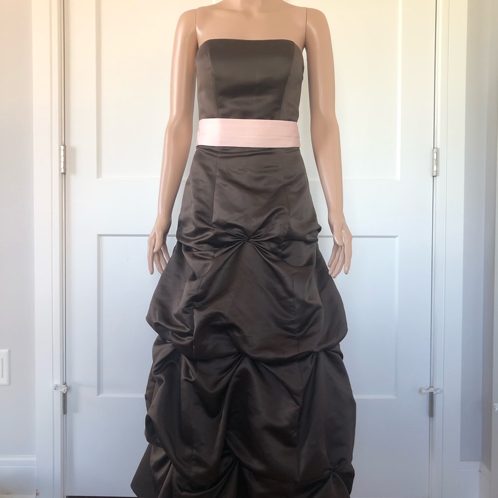 Mori Lee Madeline Gardner Brown Satin Bubble Gown Dress Pink Sash Shawl 0 XS